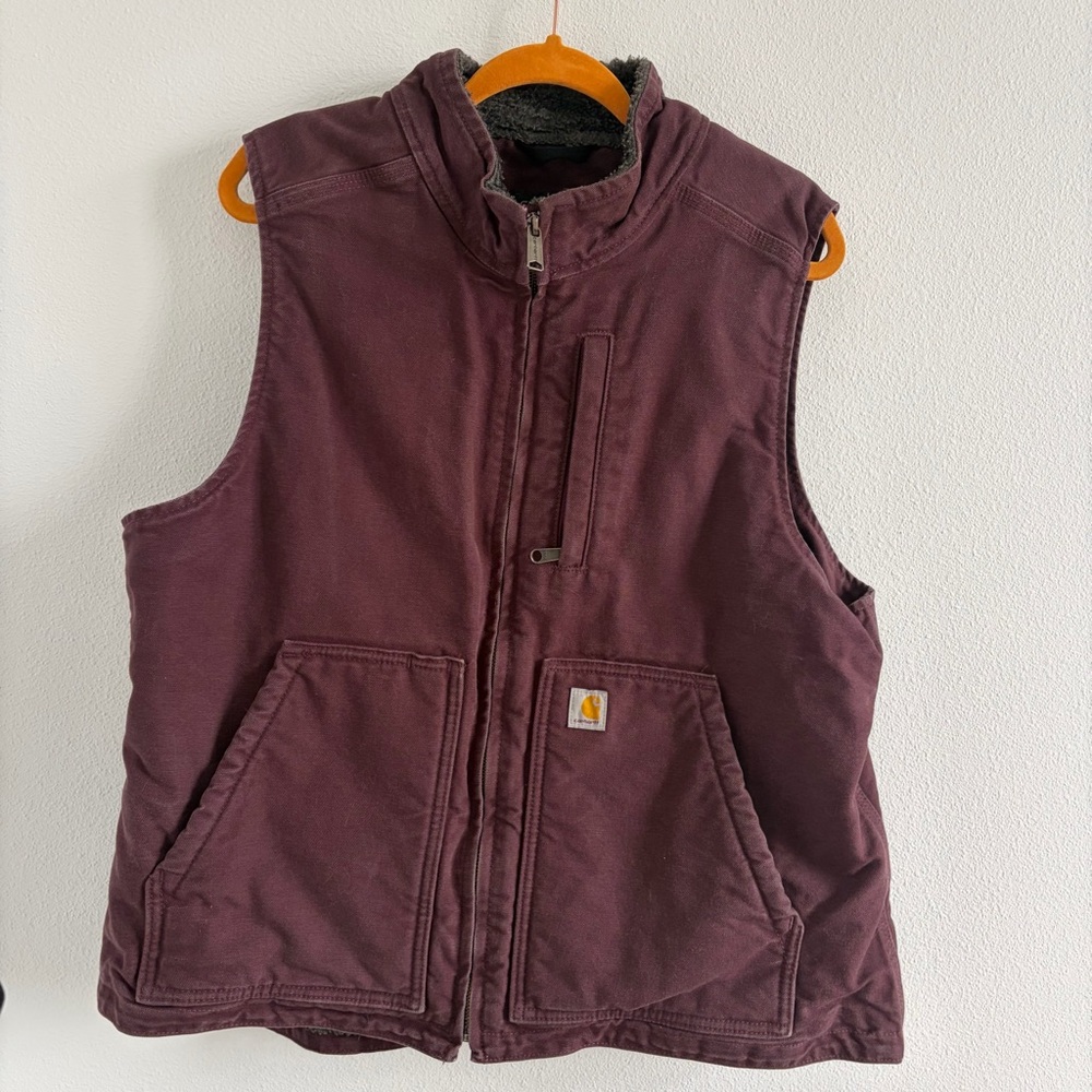 Carhartt Duck Canvas Vest Burgundy Faded Sherpa Lined Workwear Zip Up Womens XL